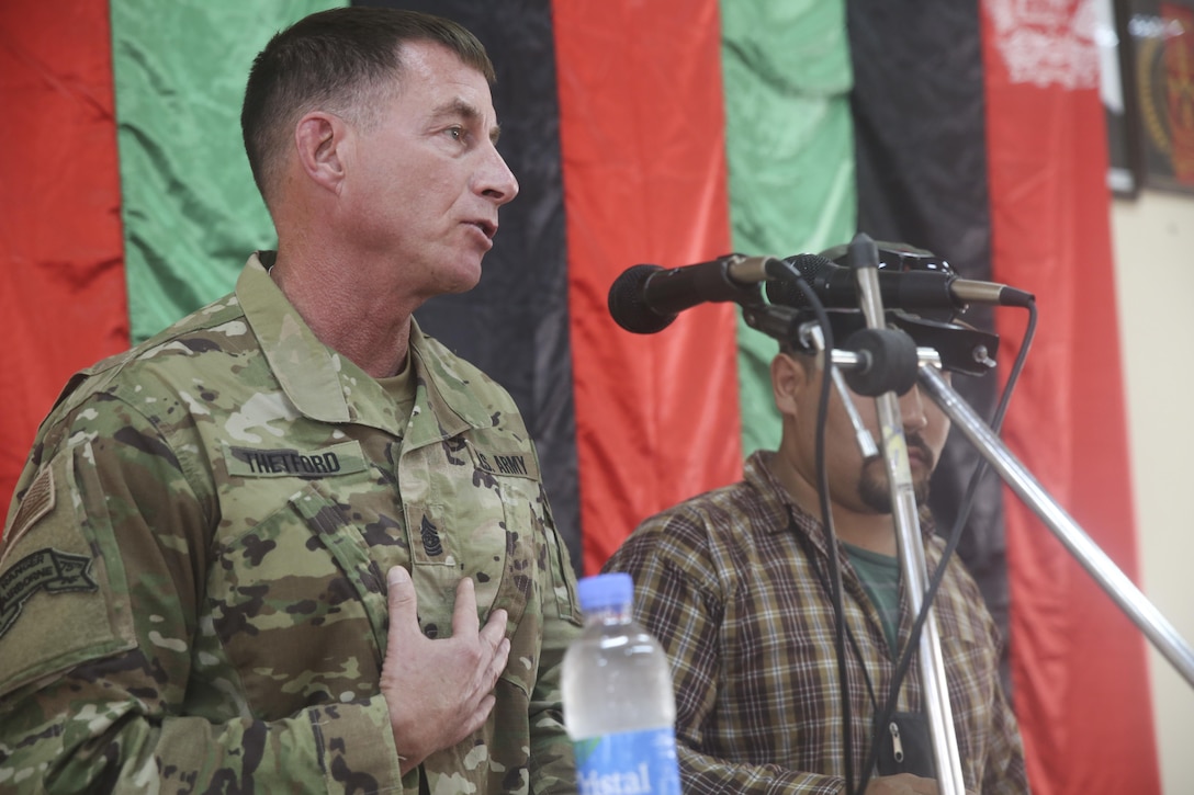 U.S. Army Command Sgt. Maj. William F. Thetford, the senior enlisted leader of U.S. Central Command, speaks to Afghan National Army noncommissioned officers with 215th Corps at Camp Shorabak, Afghanistan, Aug. 13, 2017. More than 100 NCOs completed a leadership seminar Aug. 12-14, with insights provided by senior enlisted ANA personnel. Throughout the evolution, leaders shared their experiences as soldiers and spoke about the significance of professionalism and taking care of one another on the battlefield. (U.S. Marine Corps photo by Sgt. Lucas Hopkins)