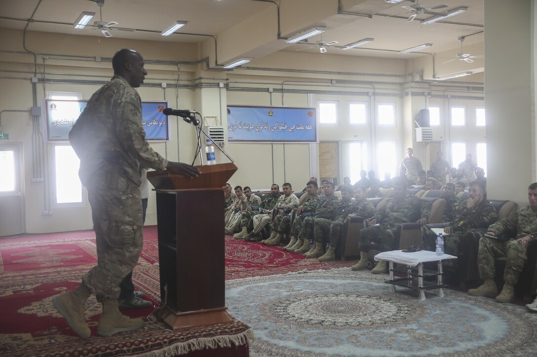 U.S. Army Command Sgt. Maj. David M. Clark, right, the senior enlisted leader of U.S. Forces Afghanistan, speaks with Afghan National Army noncommissioned officers at Camp Shorabak, Afghanistan, Aug. 13, 2017. More than 100 ANA NCOs completed a three-day seminar led by Afghan senior enlisted leaders, who stressed the importance of leadership in combat and technical and tactical proficiency. (U.S. Marine Corps photo by Sgt. Lucas Hopkins)