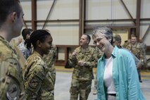 Secretary of the Air Force Heather Wilson and Chief of Staff Gen. David L. Goldfein, visit with Airmen assigned to the 340th Expeditionary Air Refueling Squadron at Al Udeid Air Base, Qatar, Aug. 15, 2017. Over the course of the day, Wilson and Goldfein took time to visit with Airmen and observe many of the critical military assets assigned to the base.  (U.S. Air Force photo by Tech. Sgt. Bradly A. Schneider)