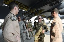 Air Force Chief of Staff Gen. David L. Goldfein visits with Airmen assigned to the 23rd Bomb Squadron under the wing of a B-52 Stratofortress at Al Udeid Air Base, Qatar, Aug. 15, 2017. Goldfein and Secretary of the Air Force Heather Wilson visited Al Udeid to see first-hand how Airmen of U.S. Air Forces Central Command are supporting the fight against extremists in Southwest Asia. (U.S. Air Force photo by Tech. Sgt. Bradly A. Schneider)