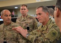 Air Force Chief of Staff Gen. David L. Goldfein addresses a group of Airmen in the Combined Air Operations Center at Al Udeid Air Base, Qatar, Aug. 15, 2017. Secretary of the Air Force Heather Wilson and Goldfein visited the CAOC to see the contributions of Airmen to air operations in the U.S. Central Command area of responsibility. (U.S. Air Force photo by Staff Sgt. Desiree Economides)