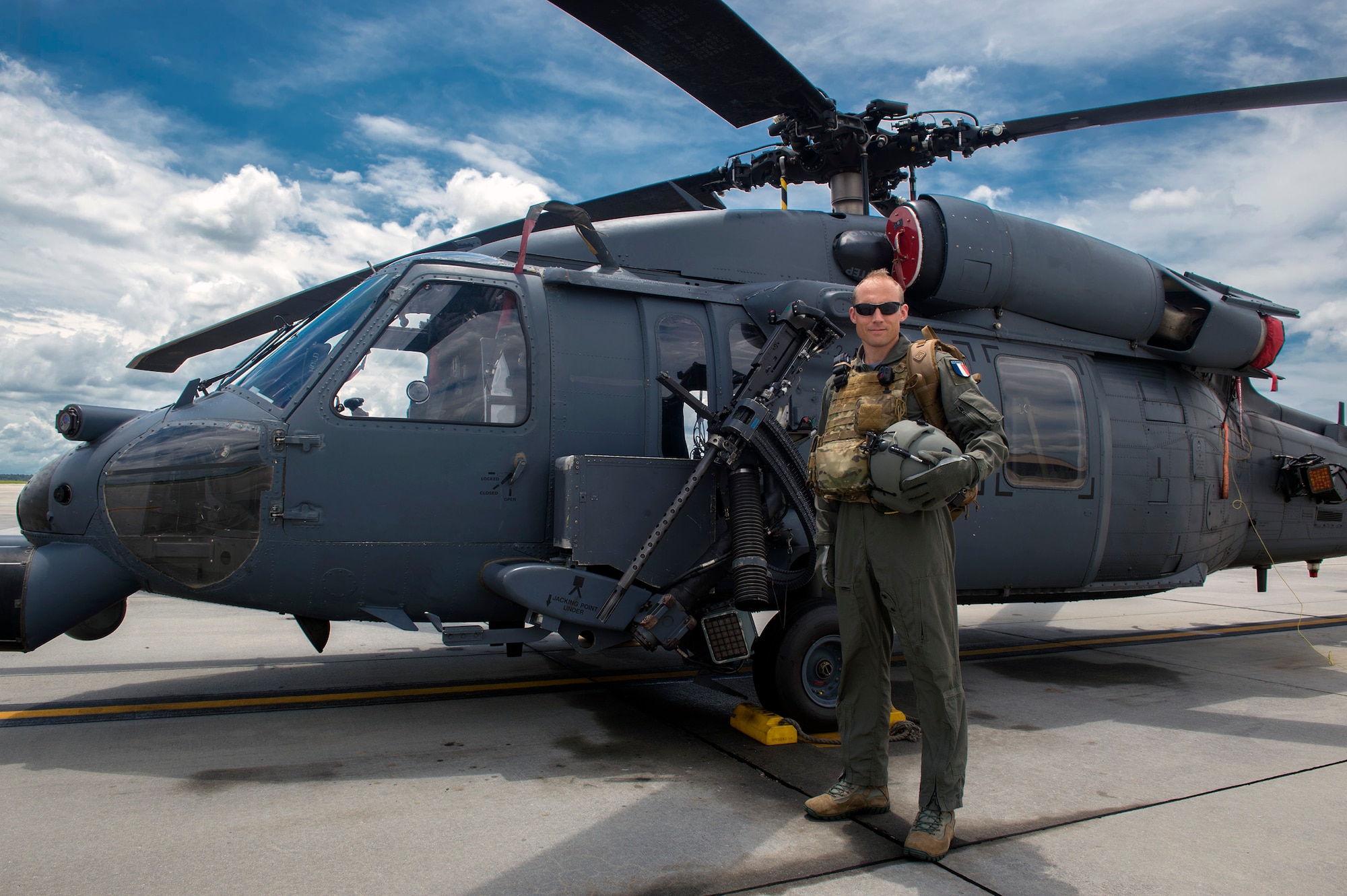 Commandant Micka, a French exchange pilot and assistant director of operations for Moody’s 41st Rescue Squadron, stands in front of an HH-60G Pavehawk, Aug. 2, 2017, at Moody Air Force Base, Ga. Prior to his arrival at the 41st RQS, Micka transitioned from flying the French Air Force’s EC-725 Caracal helicopter to learn the HH-60. Since childhood, Micka aspired to serve and fly for the French and U.S. military as a rescue pilot. (U.S. Air Force photo by Senior Airman Greg Nash)