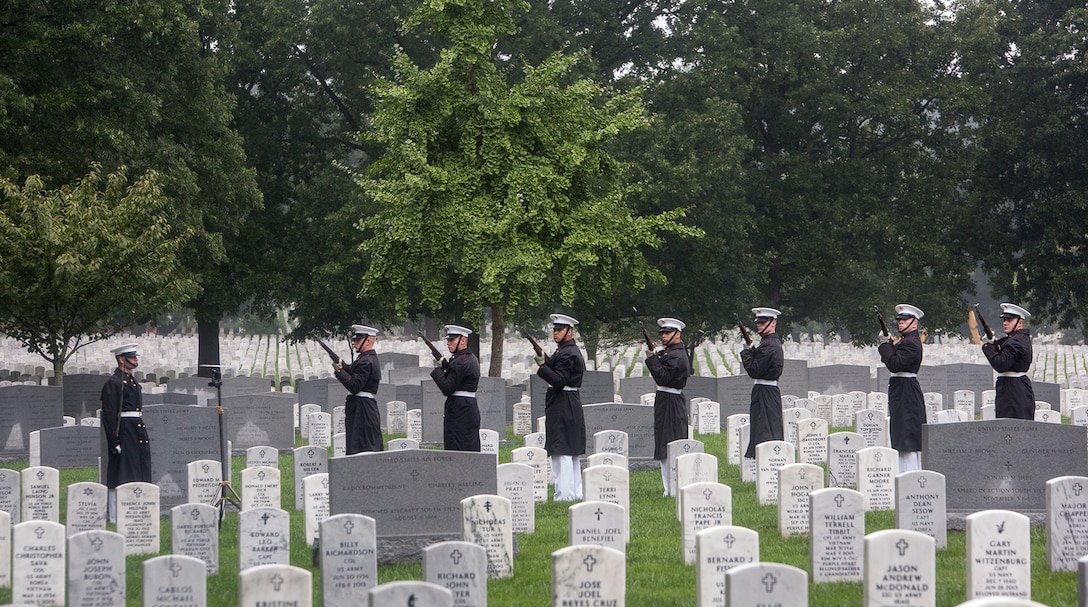 Marines with the Bravo Company firing party, Marine Barracks Washington D.C., render a three-volley salute during a funeral for Marine Sgt. Joseph J. Murray at Arlington National Cemetery, Arlington, Va., Aug. 15, 2017. Murray, 26, was one of the 15 Marines and one Navy sailor who perished when their KC130-T Hercules crashed in Mississippi, July 10, 2017. Murray was a Critical Skills Operator with the 2nd Raider Battalion, Marine Corps Forces Special Operations Command (MARSOC). (Official U.S. Marine Corps photo by Cpl. Robert Knapp/Released)