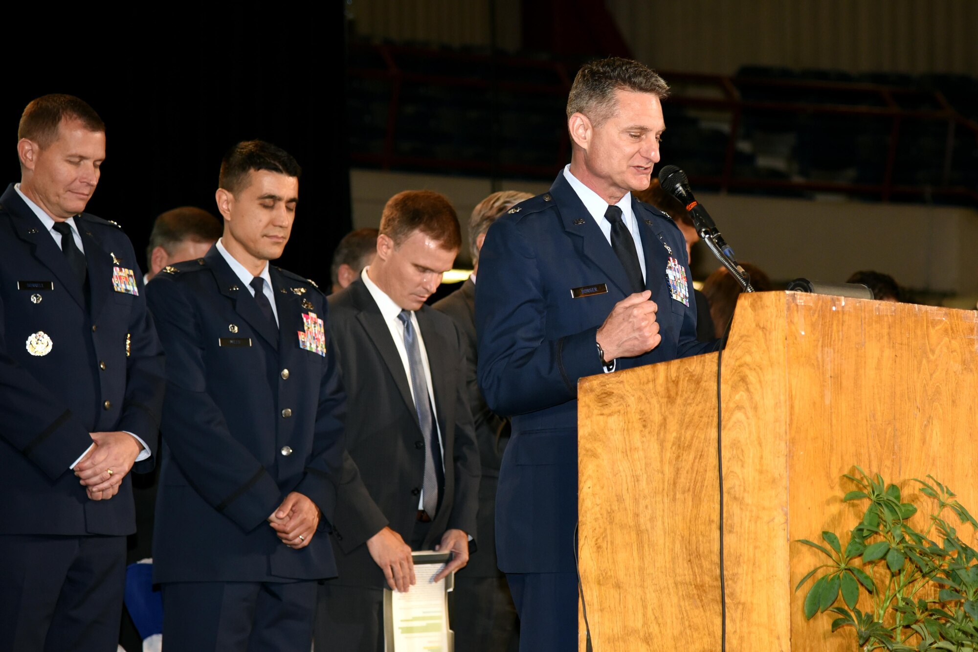 U.S. Air Force Lt. Col. Robert Borger, 17th Training Wing chaplain, offers the invocation for the San Angelo Independent School District annual convocation signifying the kickoff of the 2017-2018 school year at the Foster Communications Colosseum, San Angelo, Texas, Aug. 15, 2017.