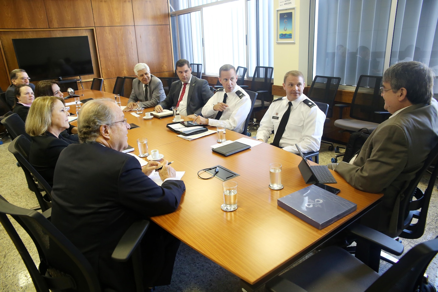Col. James DeLapp, Mobile District commander, and Lt. Col. Frankie Flowers, deputy district engineer for Latin America, traveled to Brazil, to assist the government in waterway development and management. Pictured here, DeLapp and Flowers meet with Brazil’s National Water Agency, or ANA. The ANA is legally responsible for implementing the National Water Resources Management System, created in 2000 to ensure the sustainable use of rivers and lakes.