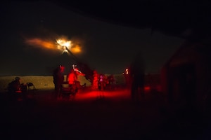 U.S. Soldiers assigned to 1st Battalion, 320 field Artillery Regiment, 2nd Brigade Combat Team, 101st Airborne Division (Air Assault) fire an M777 howitzer from Kara Soar Base, Iraq, during a night operation in support of the Iraqi Army June 3, 2016. Fire missions are one way the Coalition enables the Iraqi Army to defeat the Islamic State of Iraq and the Levant. Advise and assist teams enable Iraqi security forces as they prepare for upcoming operations by sharing intelligence and helping them develop security strategies and targeting plans. (U.S. Army Photos by Spc. Jaquan P. Turnbow/Released)