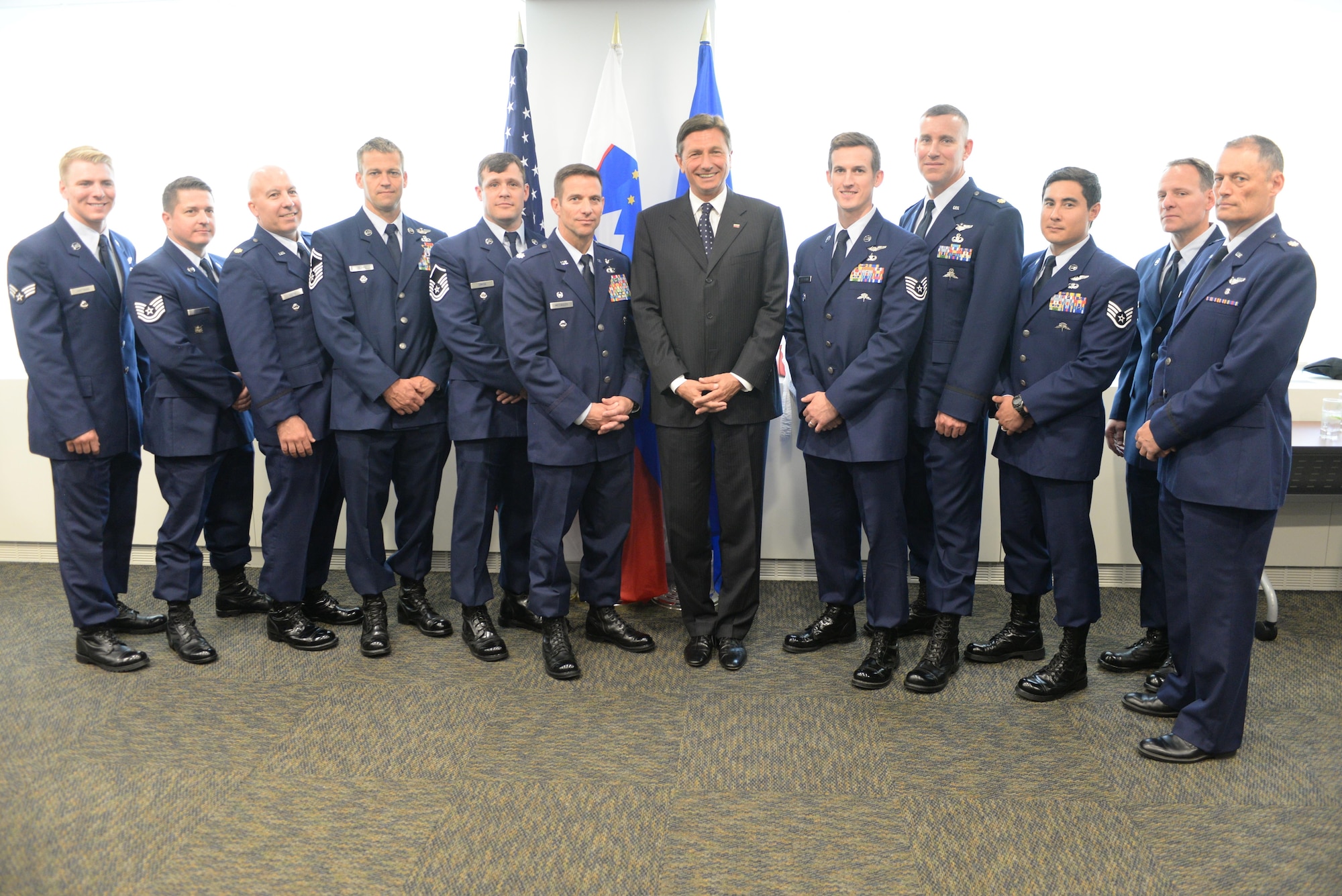 The rescue team of the 103rd Rescue Squadron of the 106th Rescue Wing assigned to the New York Air National Guard, are awarded the Slovenian Medal for Merit in the military field by the President Borut Pahor of Slovenia May 21, 2017. The ceremony took place at the Permanent Mission of the Republic of Slovenia office to the United Nations, New York for their international rescue mission to render aid to crew members injured in an explosion on board the motor vessel Tamar that began on April 24th. (U.S. Air National Guard Photo by Captain Michael O’Hagan)