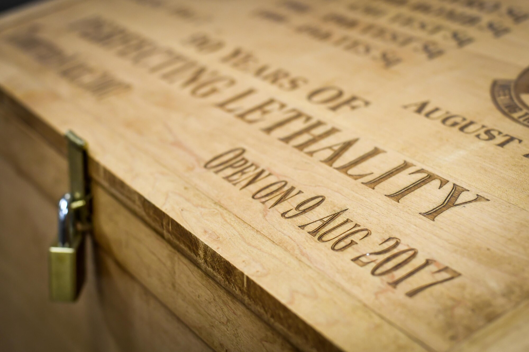 A locked time capsule at the 49th Test and Evaluations Squadron is ready to be opened at Barksdale Air Force Base, La., Aug. 2, 2017. The capsule was created and put together by members of the 49th TES on Aug. 9, 2007, with instructions to be opened on its 100th birthday. (U.S. Air Force Photo/Senior Airmen Mozer O. Da Cunha)