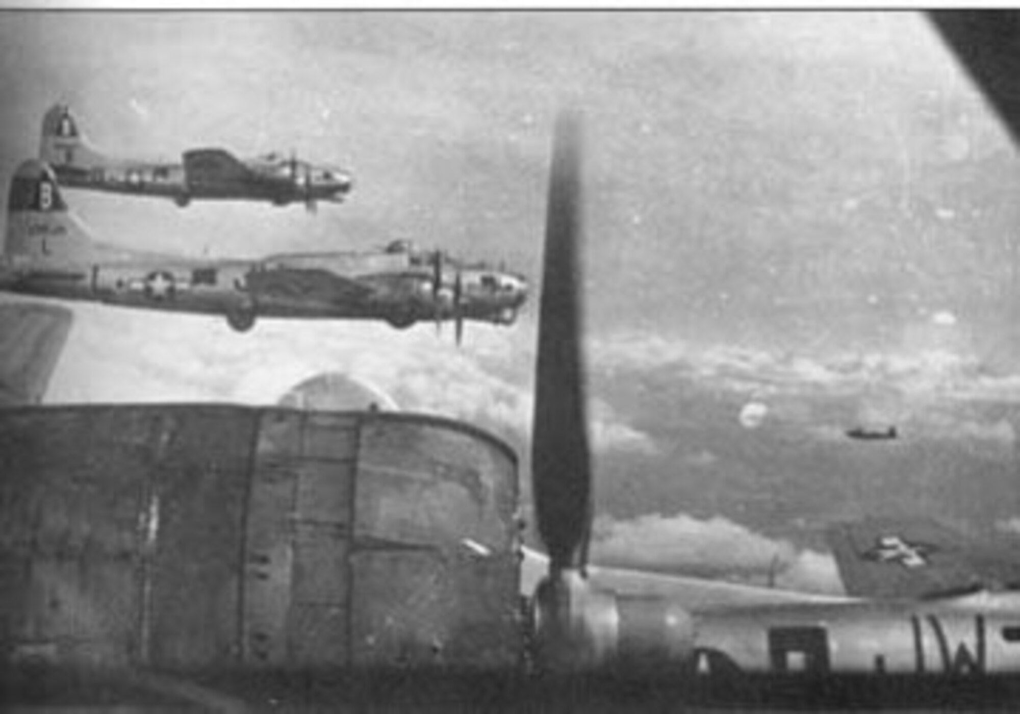 B-17 Flying Fortresses from the 8th Air Force attacked ball bearing plants on the first of two raids on Schweinfurt, Germany, during World War II. During the mission, the 8th AF lost approximately 36 B-17s, including two from the 92nd Bomb Group. All 20 BG aircrew members survived being shot down and would later become prisoners of war. (Courtesy Photo)