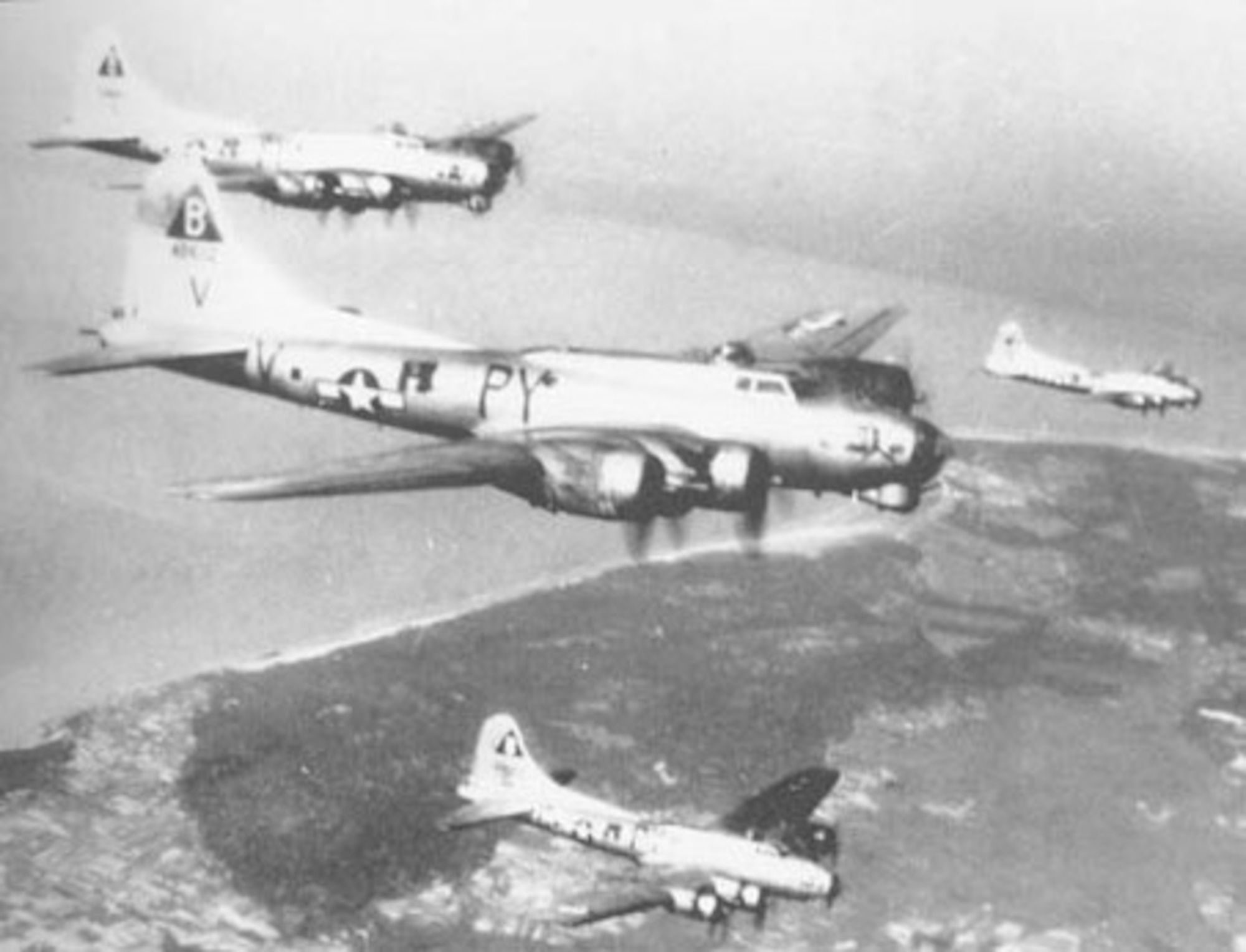 B-17 Flying Fortresses from the 8th Air Force attacked ball bearing plants on the first of two raids on Schweinfurt, Germany, during World War II. During the mission, the 8th AF lost approximately 36 B-17s, including two from the 92nd Bomb Group. All 20 BG aircrew members survived being shot down and would later become prisoners of war. (Courtesy Photo)