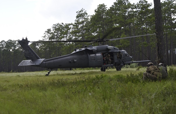 A U.S. Air Force HH-60G Pave Hawk helicopter from Moody Air Force Base, Ga., lands during Stealth Guardian in a wooded area near Tyndall Air Force Base, Fla., Aug. 8, 2017.