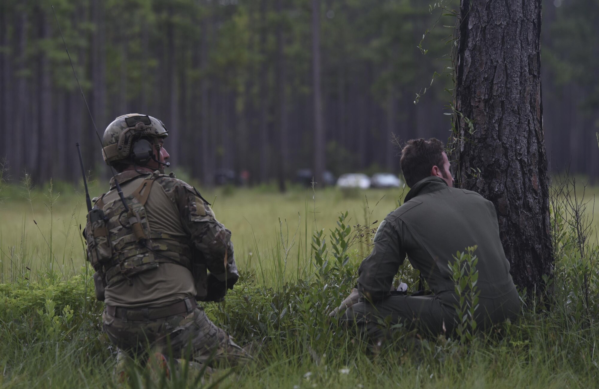 A U.S. Air Force Survival, Evasion, Resistance and Escape technician from Moody Air Force Base, Ga., (Left) and a simulated downed F-22 Raptor pilot from Tyndall Air Force Base, Fla., watch as an HH-60G Pave Hawk flies into a landing zone in wooded area near Tyndall, during exercise Stealth Guardian Aug. 8, 2017.