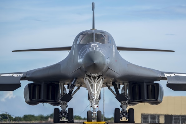 Air Force B-1B Lancer assigned to 37th Expeditionary Bomb Squadron, deployed from Ellsworth Air Force Base, South Dakota, to Andersen Air Force Base, Guam, prepares to fly
bilateral mission with Japan Air Self-Defense Force F-15s in vicinity of Senkaku Islands, August 15, 2017 (U.S. Air Force/Christopher Quail)