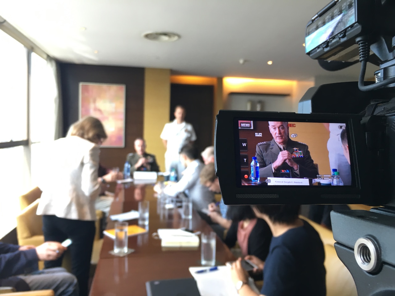 Marine Corps Gen. Joe Dunford, the chairman of the Joint Chiefs of Staff, speaks with media in Beijing