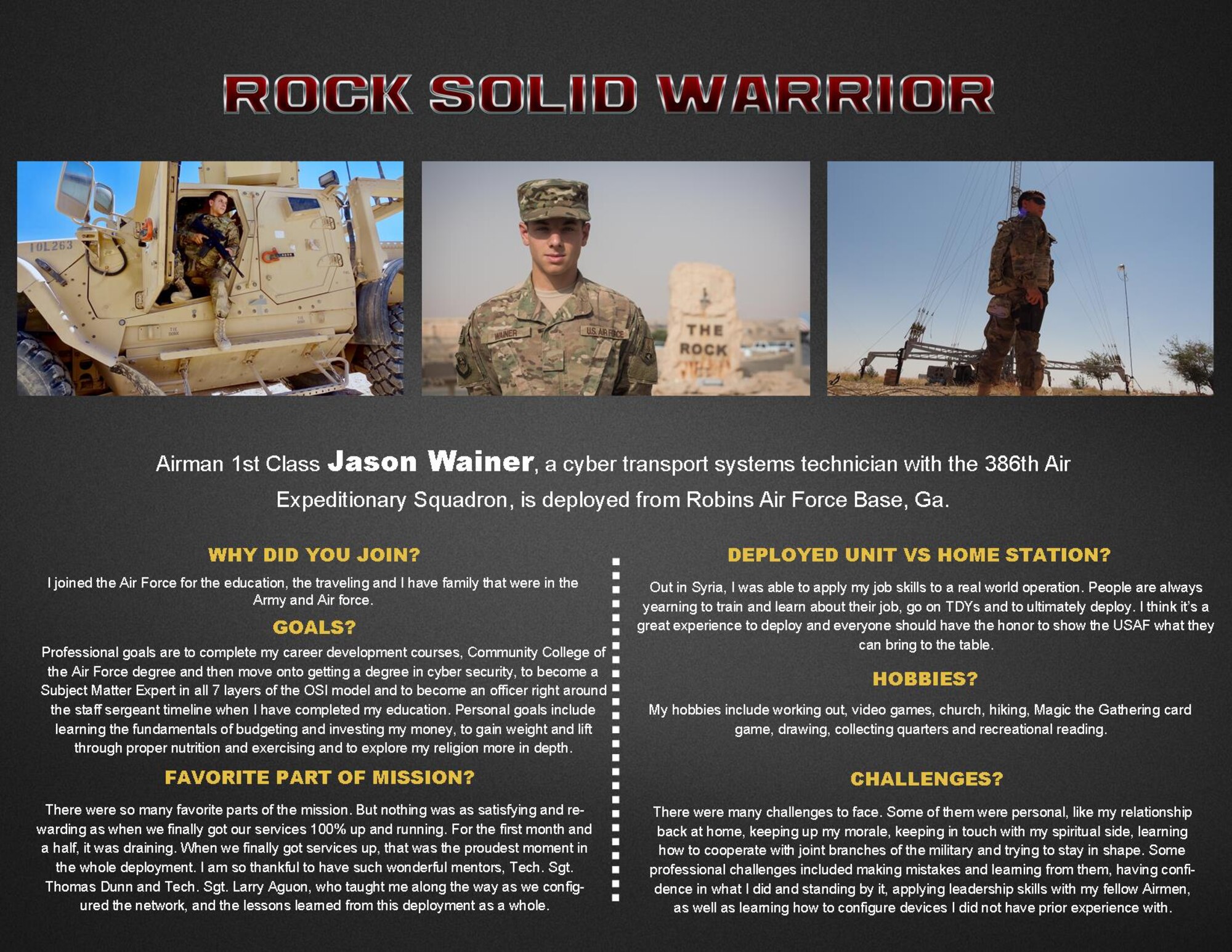 This week's Rock Solid Warrior is Airman 1st Class Jason Wainer, a cyber transport systems technician, deployed from Robins Air Force Base, Ga. The Rock Solid Warrior program is a way to recognize and spotlight the Airmen of the 386th Air Expeditionary Wing for their positive impact and commitment to the mission.