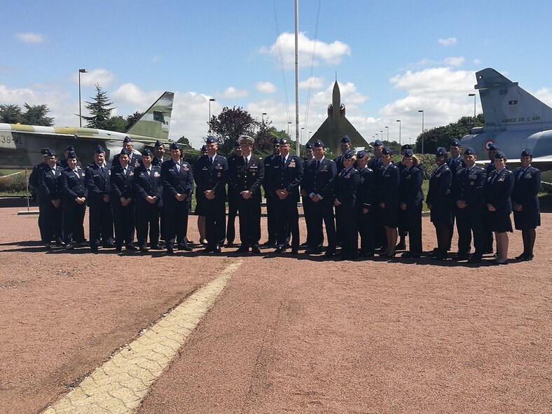 Participants from the U.S. Air Reserve Components pose for a photo with French Air Force Brig. Gen. Didier Tisseyre, Rochefort School Airbase commander, and U.S. Air Force Reserve Maj. Gen. James P. Scanlan, U.S. Head of Delegation, during the 23rd Annual International Junior Officer Development (IJOLD) course, held in Rochefort Air Base, France, July 22-29. IJOLD is designed to enhance and develop leadership skills, cultural understanding and military doctrine of NATO nations.