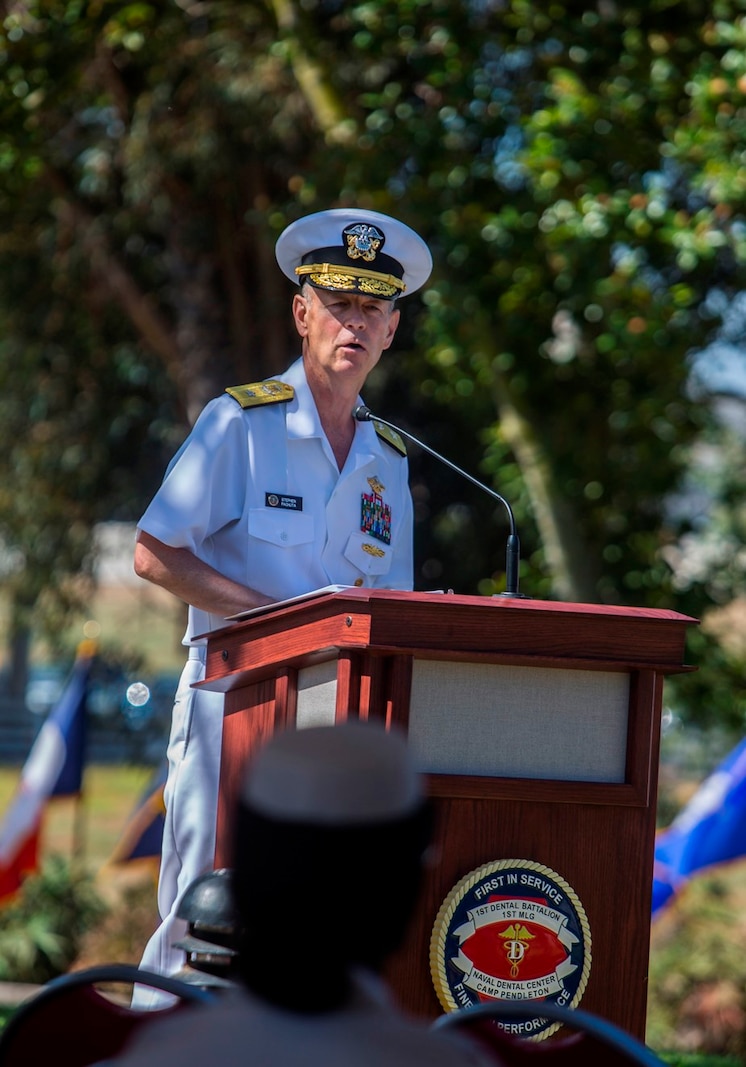 U.S. Navy Rear Adm. Stephen M. Pachuta, the Medical Officer of the Marine Corps, gives his remarks to the Marines, Sailors, family and friends attending the Dental Battalion change of charge ceremony at Camp Pendleton, Calif., Aug. 26, 2017. Pachuta noted how far Den Bn has come during Capt. Peter A. Ruocco’s three years in command.  His leadership and acumen contributed to the accomplishments of 1st Dental Battalion. (U.S. Marine Corps photo by Lance Cpl. Joseph Sorci)