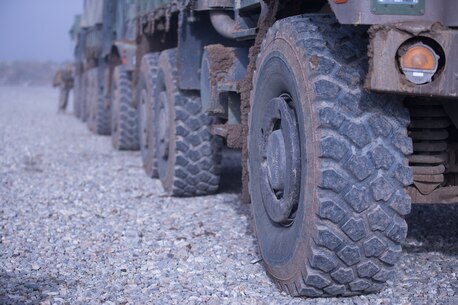 U.S. Marines with Motor Transportation, Combat Logistics Battalion 5, Combat Logistics Regiment 1, 1st Marine Logistics Group, use 7-tons to drive in the mountainous terrain of Bridgeport during Mountain Training Exercise 4-17 at Mountain Warfare Training Center, August 6, 2017. Marines with Motor Transportation have to take a mountain driving course in order to drive in the mountains of Bridgeport due to changing grades on the road. (U.S. Marine Corps photo by Lance Cpl. Timothy Shoemaker)