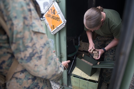 U.S. Marine Pfc. Olivia Rutherford, an ammo technician with Combat Logistics Battalion 5 (CLB-5), Combat Logistics Regiment 1, 1st Marine Logistics Group, counts out ammunition during Mountain Training Exercise 4-17 at Mountain Warfare Training Center, August 4, 2017. Blanks were handed to Marines to be used on the convoys in case of simulated enemy contacts. Throughout the training evolution, Marines with CLB-5 received over 9000 blank ammunition for the M16A4 service rifle for practical experience and utilizing their weapons. (U.S. Marine Corps photo by Lance Cpl. Timothy Shoemaker)