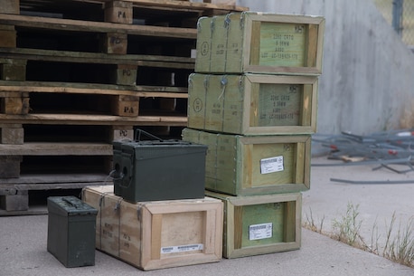 Blank ammunition is being prepared for transportation to the Marines with Combat Logistics Battalion 5, Combat Logistics Regiment 1, 1st Marine Logistics Group, who will utilize the ammunition for Mountain Training Exercise 4-17 at Marine Corps Mountain Warfare Training Center, August 3, 2017. The blank ammunition will be used by Marines participating in convoy exercises which may involve simulated enemy ambushes. (U.S. Marine Corps photo by Lance Cpl. Timothy Shoemaker)