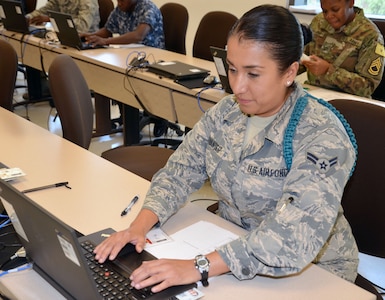 Airman 1st Class Amanda Cervantes, a student in the Medical Education and Training Campus Pharmacy Technician program on Joint Base San Antonio-Fort Sam Houston, Texas, conducts a mock exam to learn how to use the Composite Health Care System database. "Mock" exams test the skills that the students have learned to prepare them not only for the graded exam, but for what they will see in the clinical training phase and eventually in their permanent duty station.  Cervantes, a widow with four children, joined the Air Force Reserve to set an example for her children, serve her country, and work in the medical field so she can help people.