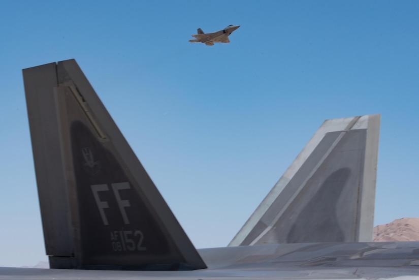 A U.S. Air Force F-22 Raptor takes off for the first flights of the 94th Fighter Squadron during Red Flag 17-4 at Nellis Air Force Base, Nev., Aug. 14, 2017. The aircraft are assigned to Joint Base Langley-Eustis, Va.’s, 1st Fighter Wing and will conduct air combat training sorties with various aircraft during Red Flag 17-4, running from Aug. 14 to 25. (U.S. Air Force Photo/Staff Sgt. Carlin Leslie)