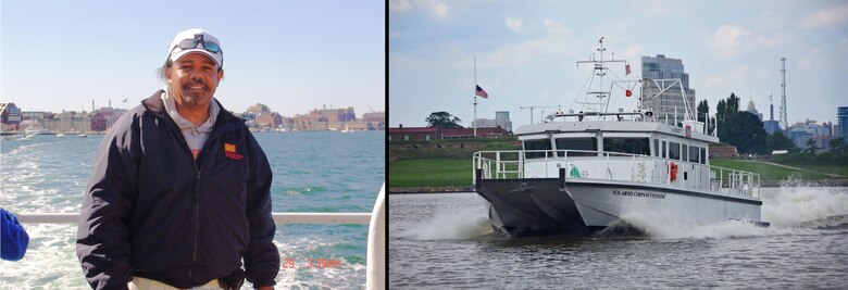 Harold Catlett, left, was a hydrographic surveyor for the U.S. Army Corps of Engineers, Baltimore District for decades prior to his sudden passing in 2014. In that time, he mentored many and left a lasting impression on his teammates, who requested that the District's new hydrographic survey vessel be named after him. Survey Vessel CATLETT, right, was constructed in 2017 and will support Baltimore District's navigation mission.