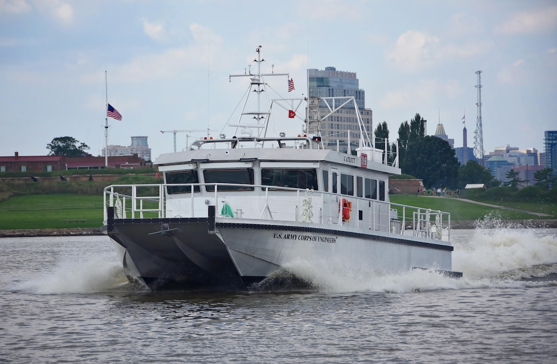 The newly-constructed Survey Vessel CATLETT pictured August 16, 2017, in front of the Fort McHenry National Monument and Historic Shrine with part of downtown Baltimore visibile in the background. Survey Vessel CATLETT, named after the late Harold Catlett, a longtime hydrographic surveyor with the U.S. Army Corps of Engineers, Baltimore District, will support Baltimore District's navigation mission, including conducting hydrographic surveys of channels associated with the Port of Baltimore.