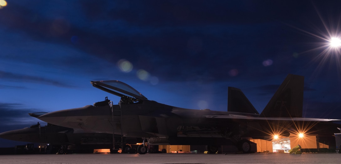 An F-22 Raptor from the 94th Fighter Squadron during Red Flag 17-4 at Nellis Air Force Base, Nev., Aug. 14, 2017. The aircraft is assigned to Joint Base Langley-Eustis, Va.’s, 1st Fighter Wing and will conduct air combat training sorties with various aircraft during Red Flag 17-4, running from Aug. 14 to 25. (U.S. Air Force Photo/Staff Sgt. Carlin Leslie)