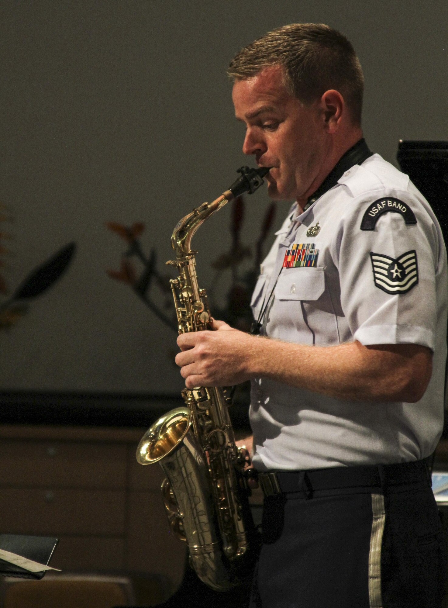 Tech. Sgt. Ryan Leatherman, Band of the Pacific-Hawaii saxophonist, performs during the “Honoring Our Troops” concert on Joint Base Pearl Harbor-Hickam, Hawaii, Aug. 11, 2017.  The “Honoring Our Troops” concert was one of the 2018 Hawaii International Music Festival’s concerts that brought a group of internationally-acclaimed musicians together in an effort to expand classical music throughout Oahu. (U.S. Air Force photo by Tech. Sgt. Heather Redman)