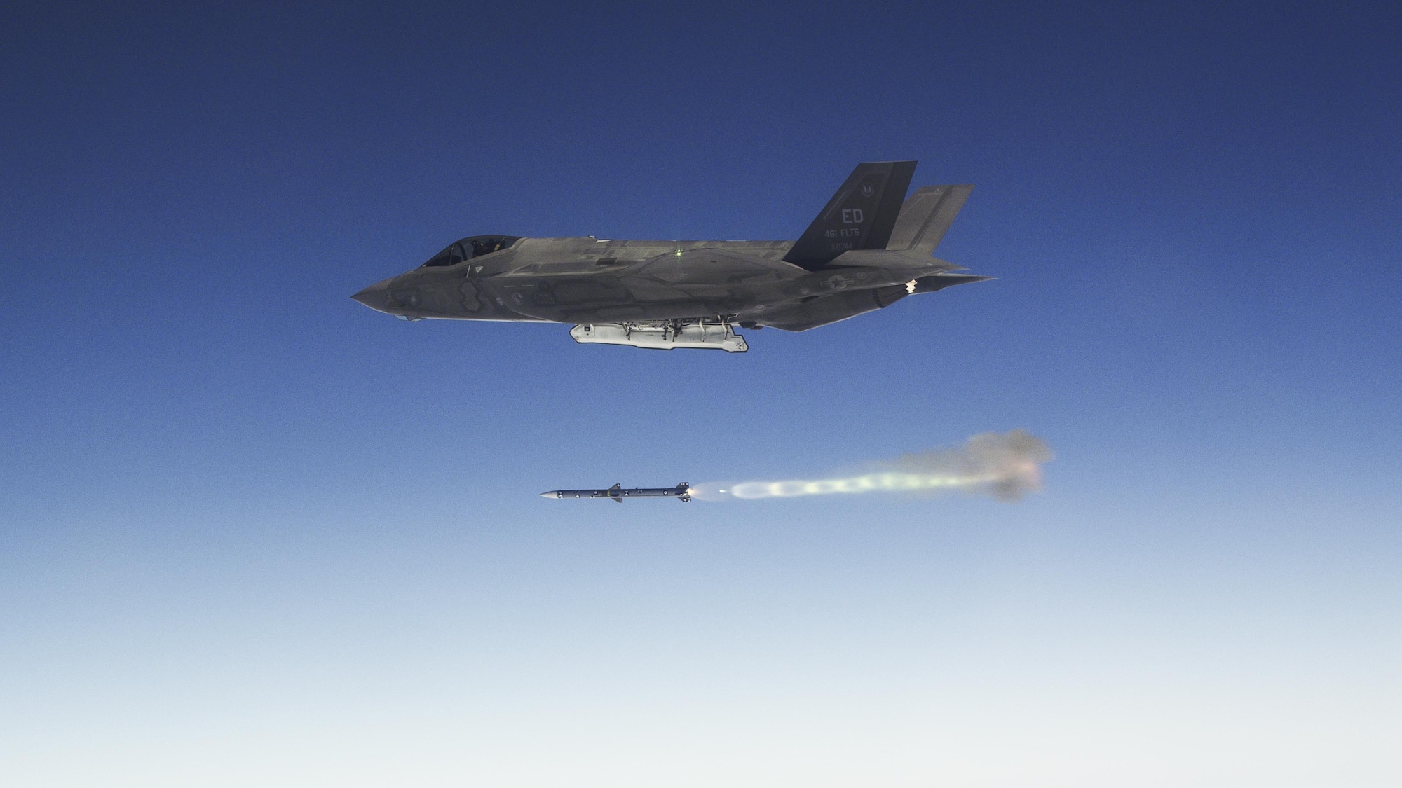 An F-35 fires an AIM-120 missile over the Pacific Ocean range near NAWS Point Mugu during a recent Weapons Delivery Accuracy testing surge. (Photo by Darrin Russel/Lockheed Martin)