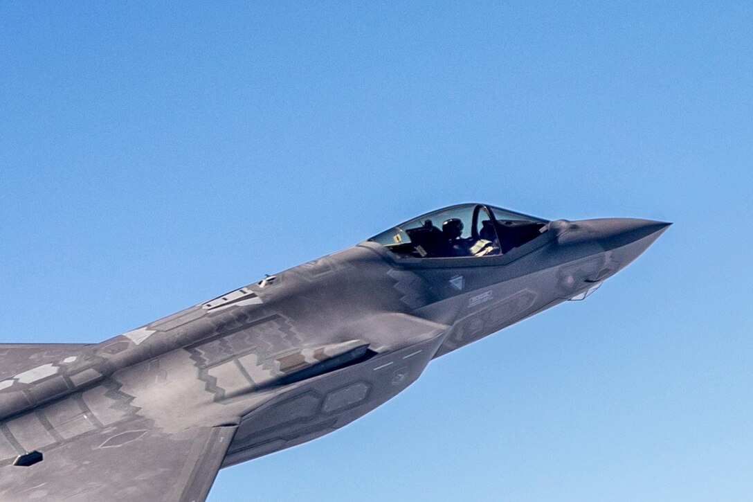 An F-35 piloted by Lt. Col. Tucker Hamilton prepares for a dual Aim-120 missile launch over the Pacific Ocean range near NAWS Point Mugu. (Photo by Darin Russell/Lockheed Martin)