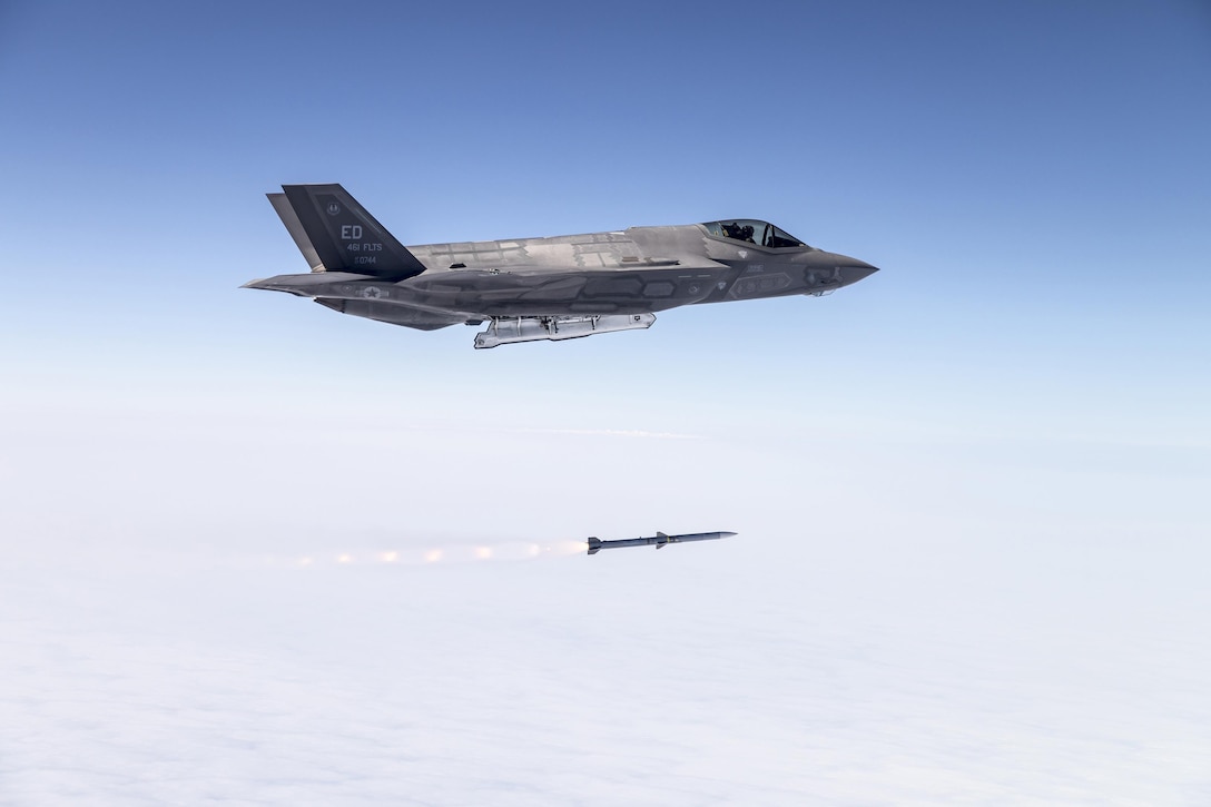 An F-35 unleashes a telemetry-equipped AIM-120 missile during a surge of Weapons Delivery Accuracy testing Aug. 4. (Photo by Darin Russell/Lockheed Martin)