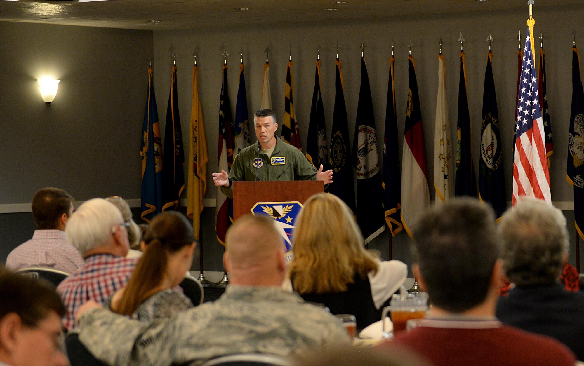 Col. Douglas Gosney, 14th Flying Training Wing Commander, speaks at the Base Community Council luncheon about the Financial Impact Report Aug. 11, 2017, on Columbus Air Force Base, Mississippi. The total economic impact from the fiscal year 2016 was $260.8 million dollars, an increase of $11.2 million from fiscal 2015. The economic impact is measured in three categories: personnel and payroll, indirect jobs and annual expenditures. (U.S. Air Force photo by Airman 1st Class Keith Holcomb)