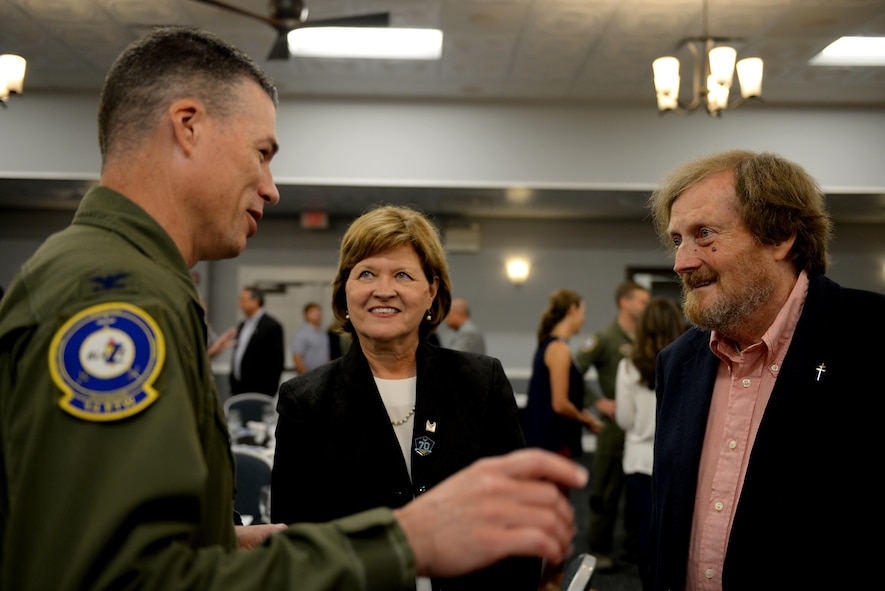 Col. Douglas Gosney, 14th Flying Training Wing Commander, Justice Sharon Lee, from the Tennessee Supreme Court, and Rufus Ward Jr., retired attorney and Columbus native, speak before the Base Community Council luncheon Aug. 11, 2017, on Columbus Air Force Base, Mississippi. Lee and Ward’s fathers worked together on the B-17 Flying Fortress, “Smokey Stover Jr.,” that was shot down May 12, 1944, over Frankfurt, Germany. (U.S. Air Force photo by Airman 1st Class Keith Holcomb)