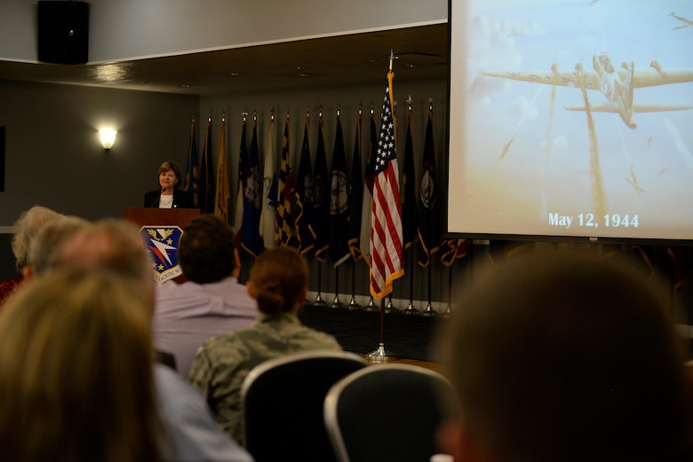 Justice Sharon Lee, from the Tennessee Supreme Court, shares her father’s story with an audience Aug. 11, 2017, on Columbus Air Force Base, Mississippi, during the Base Community Council luncheon. Her father was shot in the head, shoulder, back and wrist during a bombing mission while on board a B-17 Flying Fortress. Some shrapnel was left in his body for his entire life. (U.S. Air Force photo by Airman 1st Class Keith Holcomb)