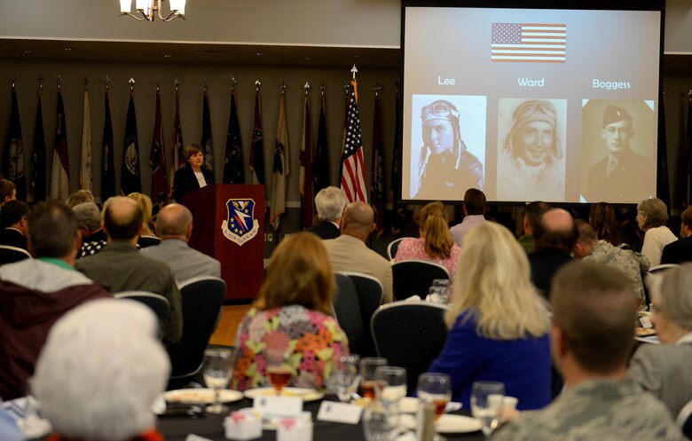 Justice Sharon Lee, from the Tennessee Supreme Court, shares her father’s story with an audience Aug. 11, 2017, on Columbus Air Force Base, Mississippi, during the Base Community Council luncheon. The stories of these three men have brought many prisoners of war families together and their stories continue to spread. (U.S. Air Force photo by Airman 1st Class Keith Holcomb)