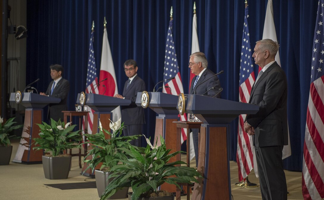 Japanese Defense Minister Itsunori Onodera, Japanese Foreign Minister Taro Kono, Secretary of State Rex Tillerson and Defense Secretary Jim Mattis host a joint news conference.