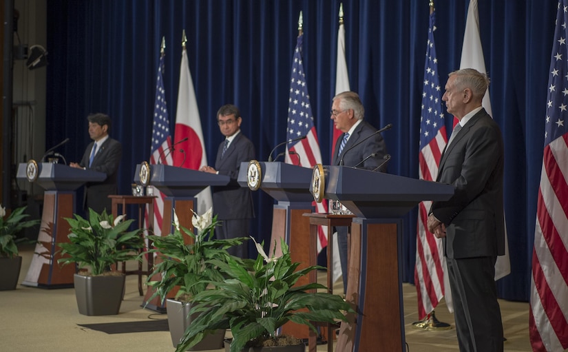Japanese Defense Minister Itsunori Onodera, Japanese Foreign Minister Taro Kono, Secretary of State Rex Tillerson and Defense Secretary Jim Mattis host a joint news conference.