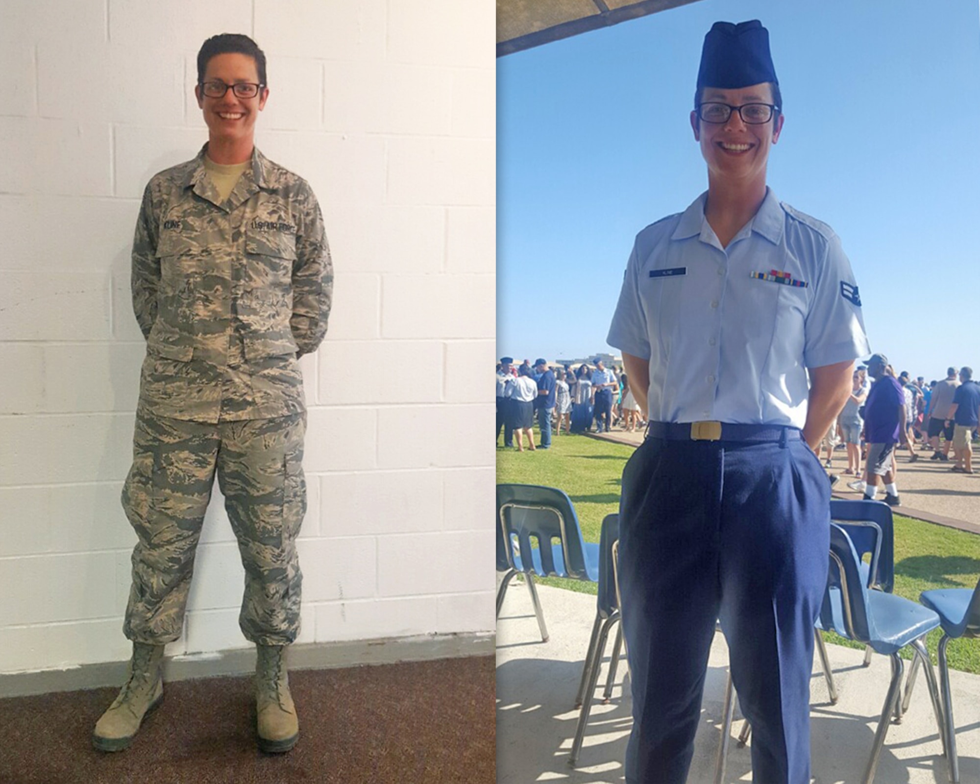 Airman 1st Class Kristyn Kline, Top Basic Military Training Graduate, poses for a photo in her Airman Battle Uniform (left) and her Air Force blues uniform (right)