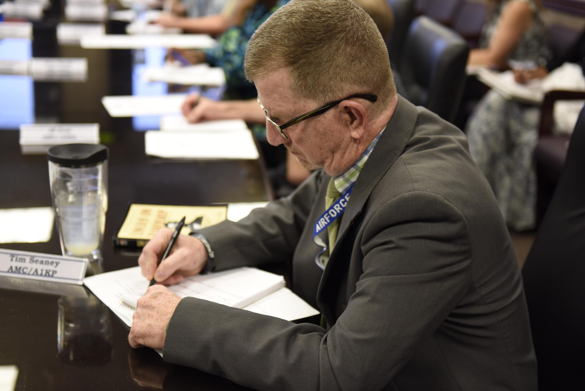 Tim Seaney, Air Mobility Command’s Management Level Support division chief, takes notes during the Emotional Intelligence course August 15, 2017