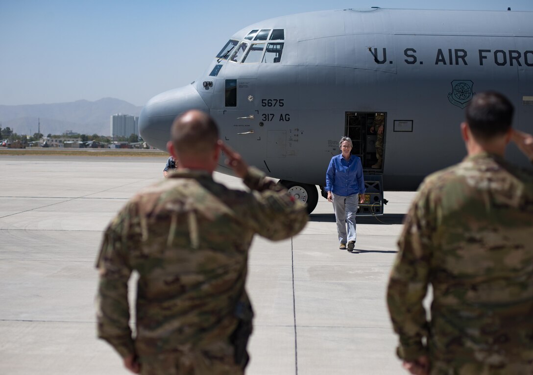 Secretary of the Air Force Heather Wilson arrives on the flightline at Kabul Air Wing Aug. 17, 2017, in Kabul, Afghanistan. Wilson travelled to Kabul to meet Airmen assigned to Train, Advise, Assist Command-Air who work side-by-side with their Afghan counterparts as they expand operational capabilities of the Afghan Air Force. (U.S. Air Force photo by Staff Sgt. Alexander W. Riedel)