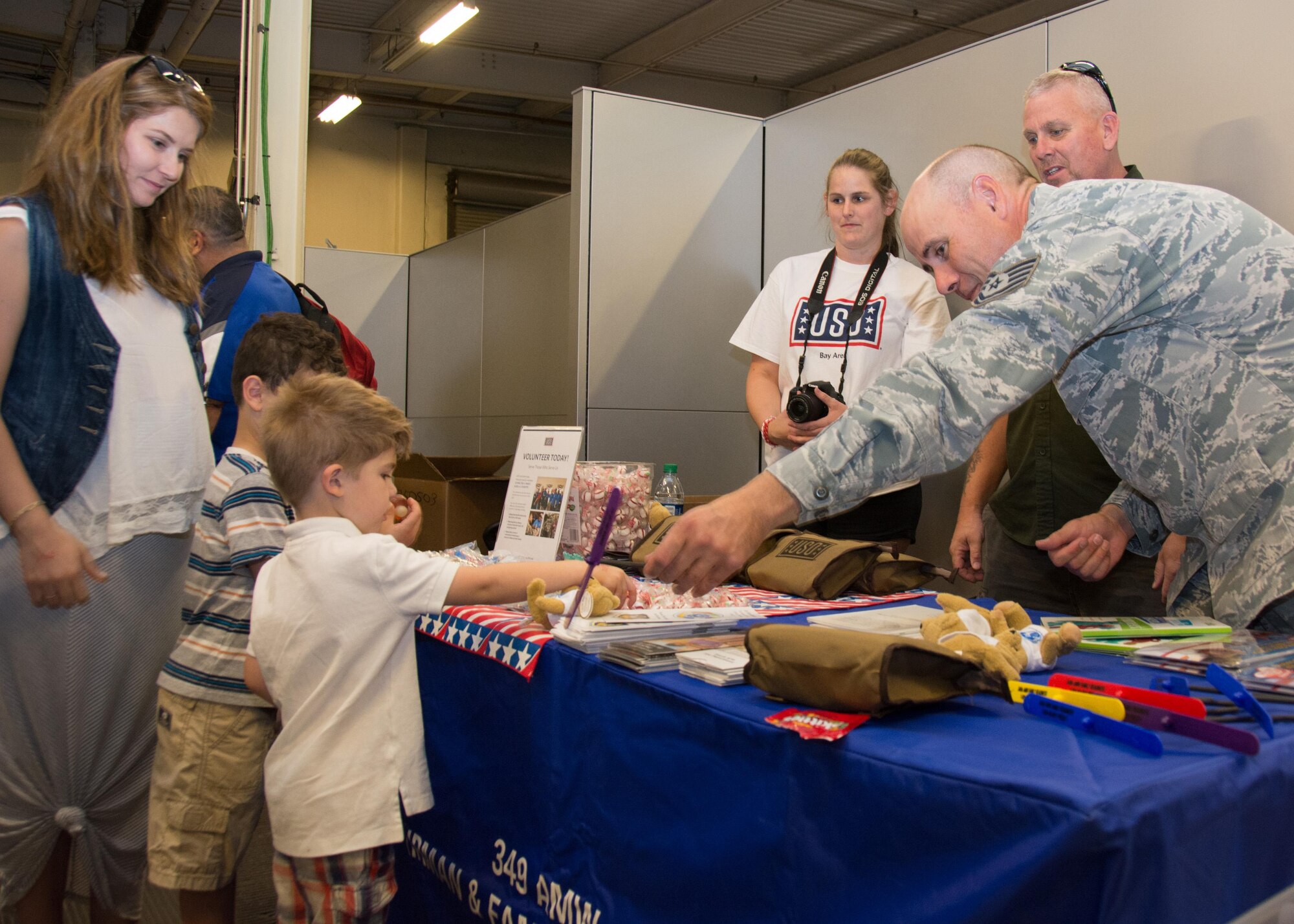 349th Air Mobility Wing Airmen and their family members participate in Operation Family Circle Aug. 12, 2017, at Travis Air Force Base, Calif.