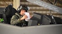 Capt. Timothy Six, 388th Operations Support Squadron, prepares for flight Aug. 7 at Hill Air Force Base. F-35s were participating in the Weapons System Evaluation Program, or WSEP, for the first time as the jets continue toward Full Warfighting Capability. (U.S. Air Force photo by R. Nial Bradshaw)