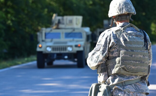 U.S. Air Force Tech. Sgt. Justin Nutter, a 509th Security Forces Squadron flight chief, controlled entry during an exercise at Whiteman Air Force Base, Mo., Aug. 4, 2017. An entry control point was stood up to account for all response force personnel in the simulated danger area.