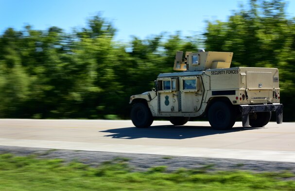 A Humvee rushes in response to an exercise at Whiteman Air Force Base, Mo., Aug. 4, 2017. The 509th Security Forces Squadron performs routine exercises in order to hone their response to various potential real-world scenarios.
