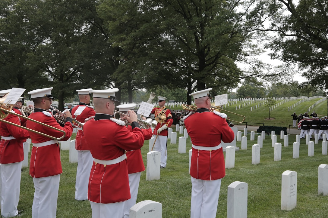 On Aug. 17, 2017 the Marine Band, led by Drum Major Master Sgt. Duane King, performed for the funeral of Capt. Sean Elliott, the co-pilot of a C-130 that crashed in Leflore County, Mississippi on July 10. (U.S. Marine Corps photo by Master Sgt. Kristin duBois/released)