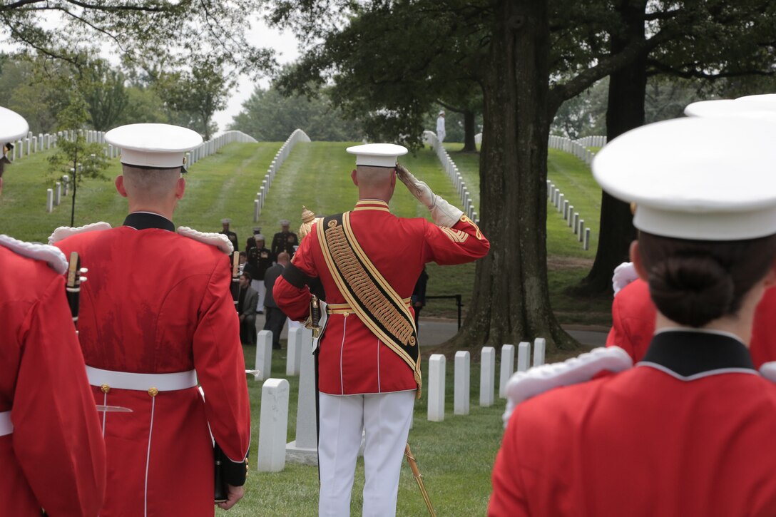 On Aug. 17, 2017 the Marine Band, led by Drum Major Master Sgt. Duane King, performed for the funeral of Capt. Sean Elliott, the co-pilot of a C-130 that crashed in Leflore County, Mississippi on July 10. (U.S. Marine Corps photo by Master Sgt. Kristin duBois/released)