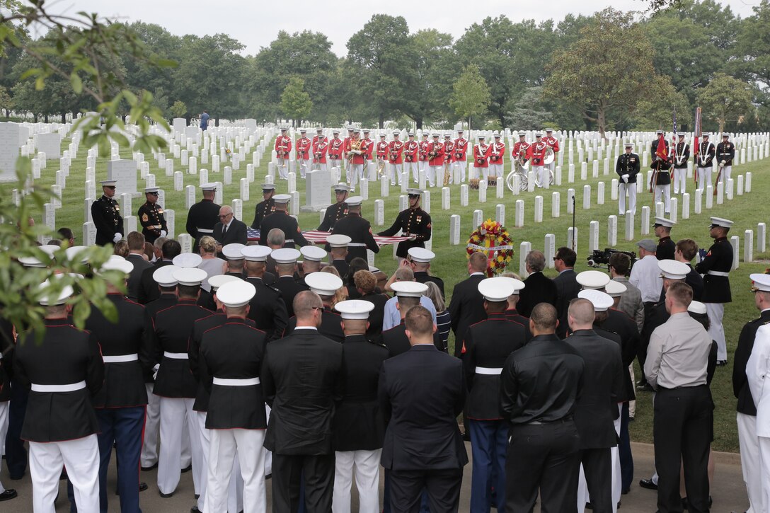 On Aug. 17, 2017 the Marine Band, led by Drum Major Master Sgt. Duane King, performed for the funeral of Capt. Sean Elliott, the co-pilot of a C-130 that crashed in Leflore County, Mississippi on July 10. (U.S. Marine Corps photo by Master Sgt. Kristin duBois/released)