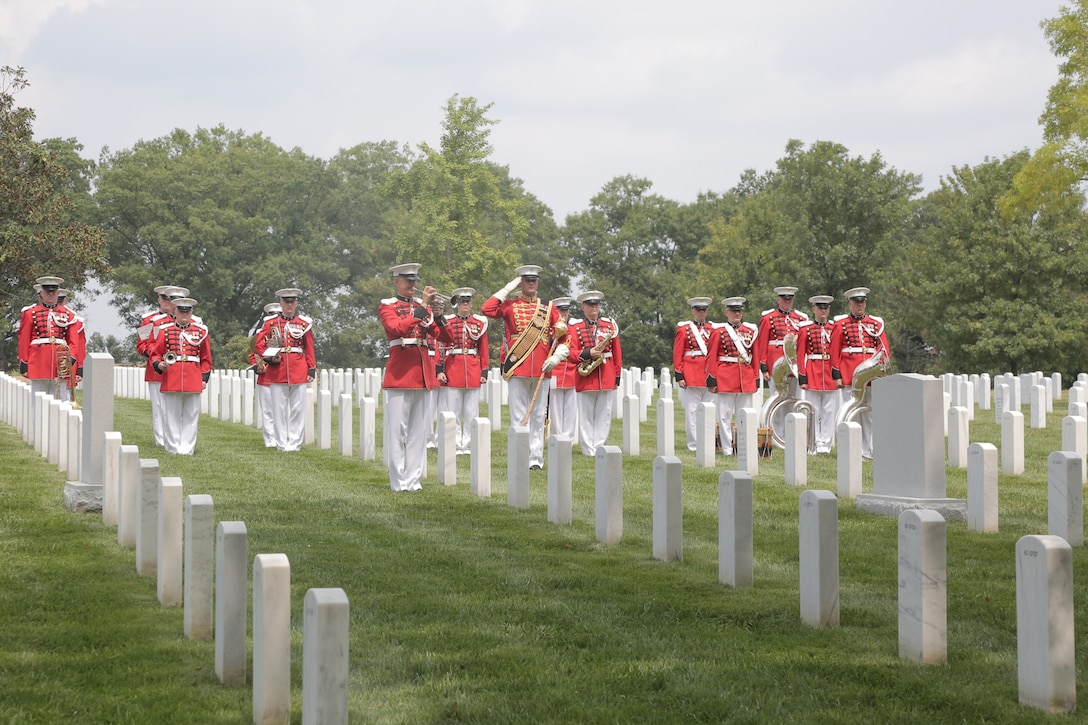 On Aug. 17, 2017 the Marine Band, led by Drum Major Master Sgt. Duane King, performed for the funeral of Capt. Sean Elliott, the co-pilot of a C-130 that crashed in Leflore County, Mississippi on July 10. (U.S. Marine Corps photo by Master Sgt. Kristin duBois/released)